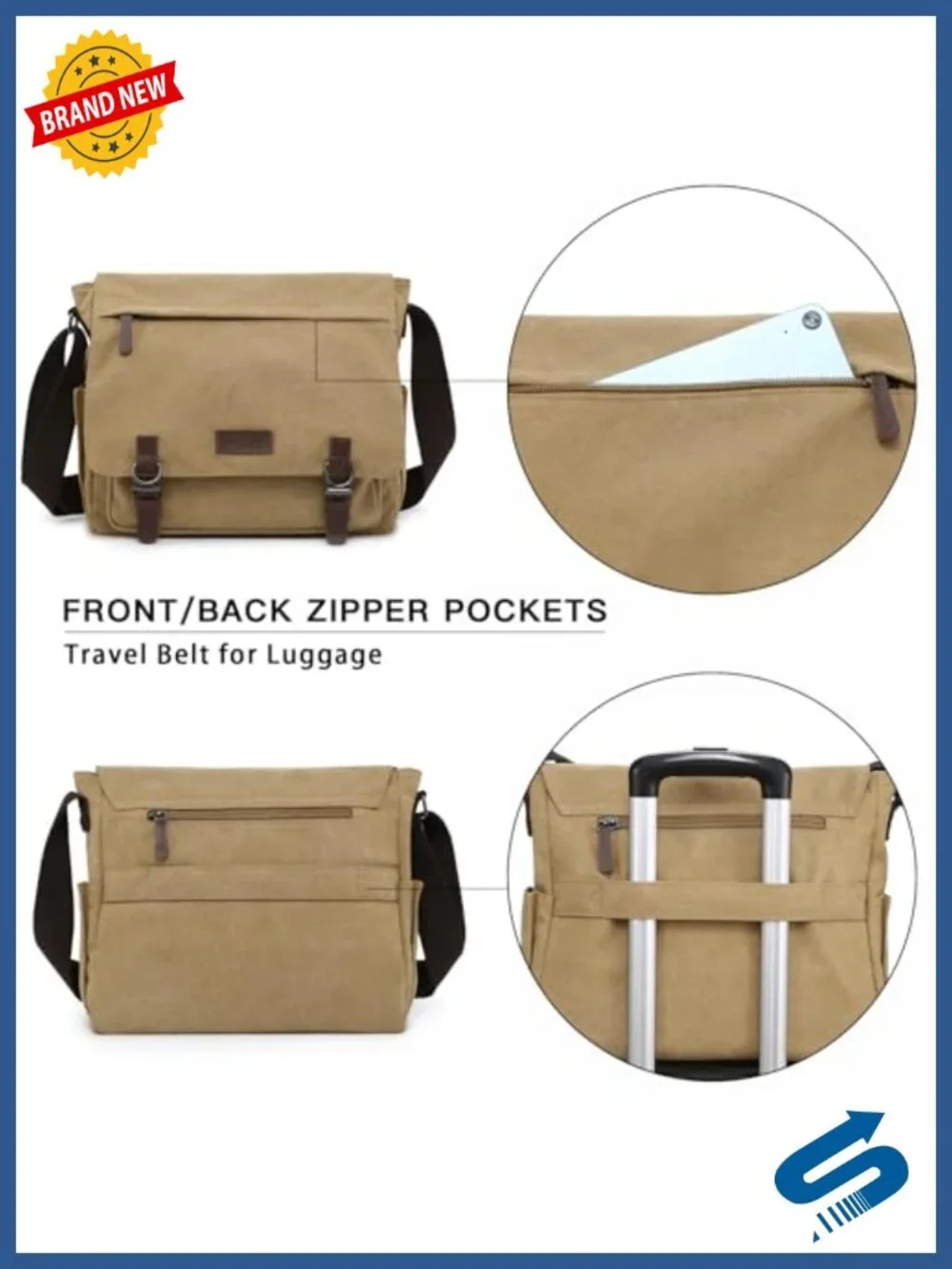 Vintage Canvas Messenger Bag for 15-Inch Laptop Travel Crossbody